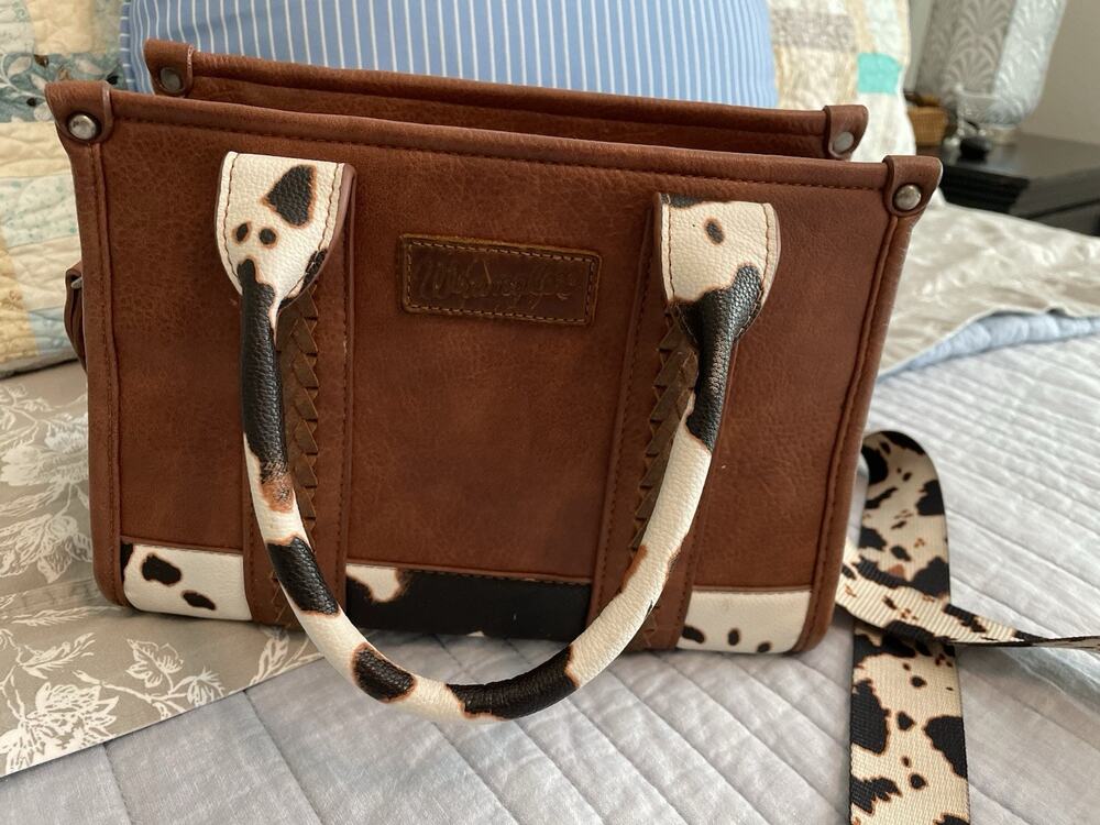 Wrangler Cow Print Crossbody Bag with Whipstitch/Braided Detail Western Cowgirl